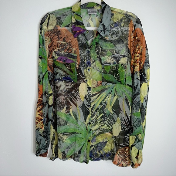 Chico's 100% Silk Button Front Blouse-Multicolor-Long Roll Tab Sleeves-Small - Picture 2 of 9